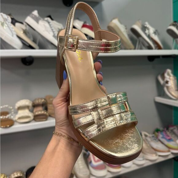 GOLD TRIM PLATFORM WOOD WEDGE HEEL - NON-BRANDED - Picture 3 of 4